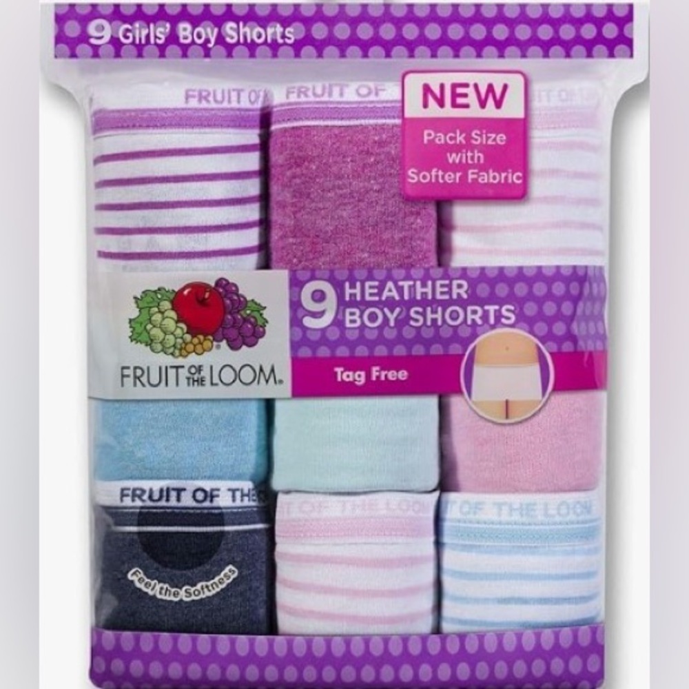 Fruit of the Loom Girl's 9 Pack Pull On Cotton Poly Blend Boyshort Underwear 6